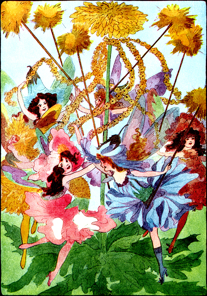 Illustration:  May Pole.  A YEAR WITH THE FAIRIES.  Written by Anna M. Scott.  Illustrations by M. T. Ross.  Published by P. F. Volland & Co.: Chicago. 1914.