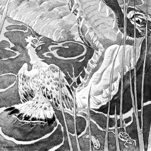 Illustration: Crocodile and Hen. The Curious Book of Birds. Written by Abbie Farwell Brown. Illustrations by E. Boyd Smith. Houghton, Mifflin & Company: Boston & New York. 1903.