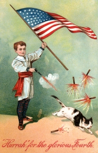 Boy Shoots Cat July Fourth. Postcard. Circa 1910.