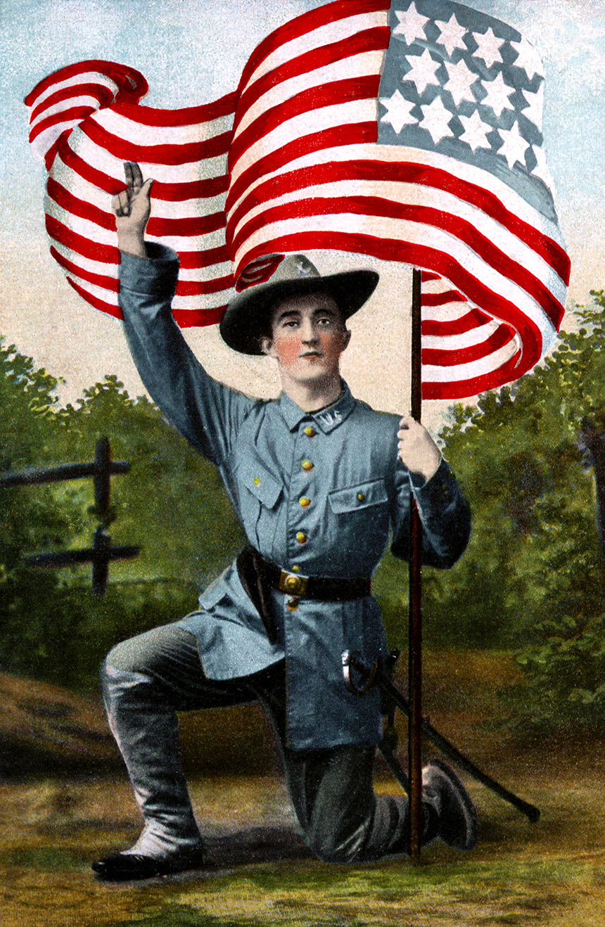 Illustration:  Soldier Kneeling With Flag.  Postcard printed in Germany.  Circa 1910.