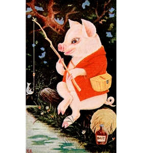 Illustration: Gone Fishing With Jimmie. The Tale of Jimmie Piggy. By Marjorie Manners The Platt & Nourse Co.: New York. 1918.