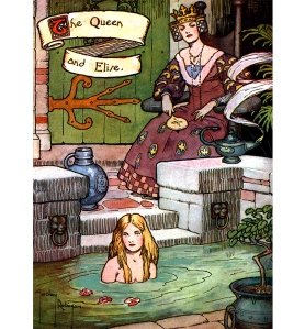 Illustration: The Queen and Elise. The Witch Makes Ready the Magic Drink. From the story "The Wild Swans." Hans Andersen’s Fairy Tales. By William Woodburn. Illustrated by Gordon Robinson. W. & R. Chambers, Limited: London & Edinburgh. 1917.